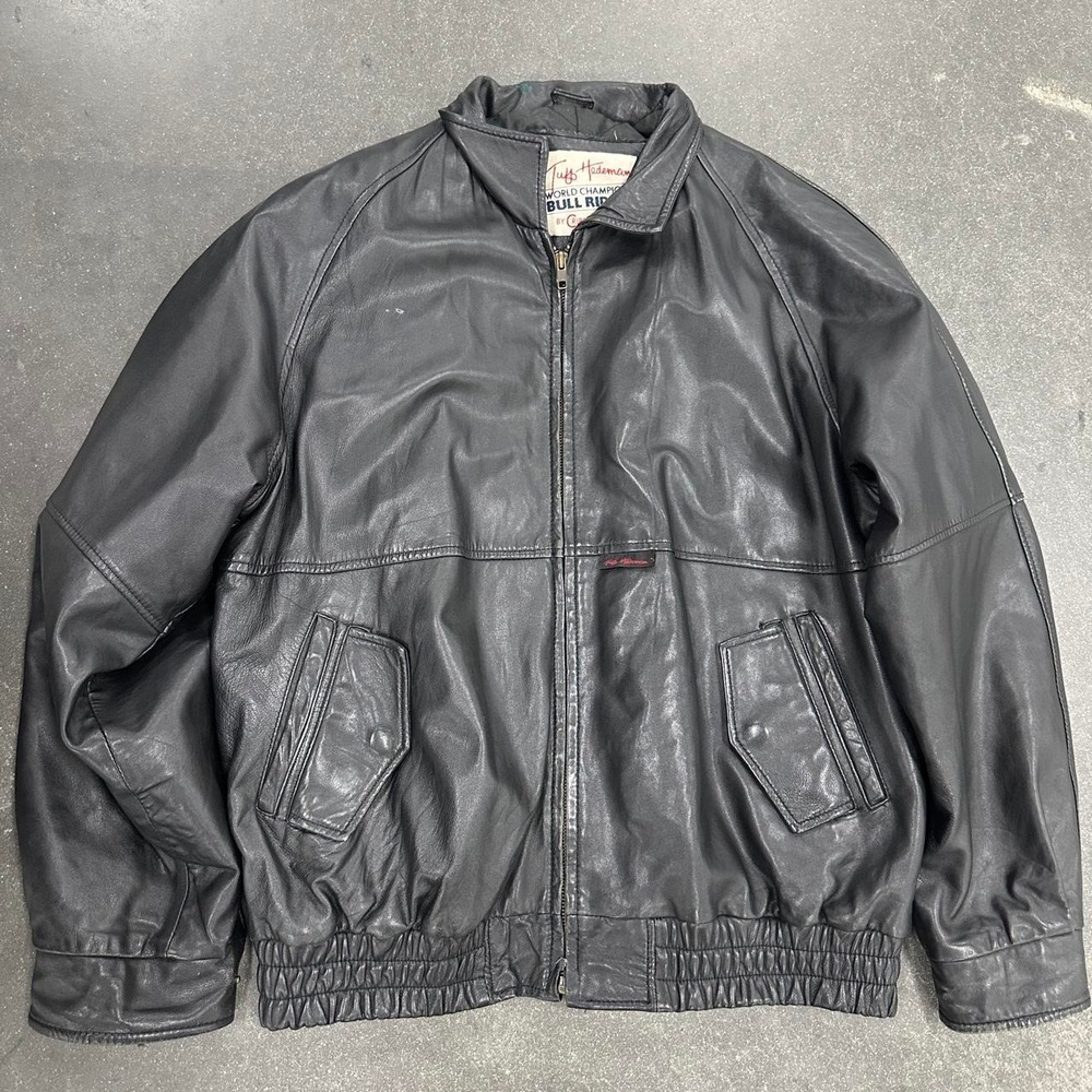 Vintage 90s Black World Champion Bull Rider Leather Bomber Zip Up Jacket Size Lg